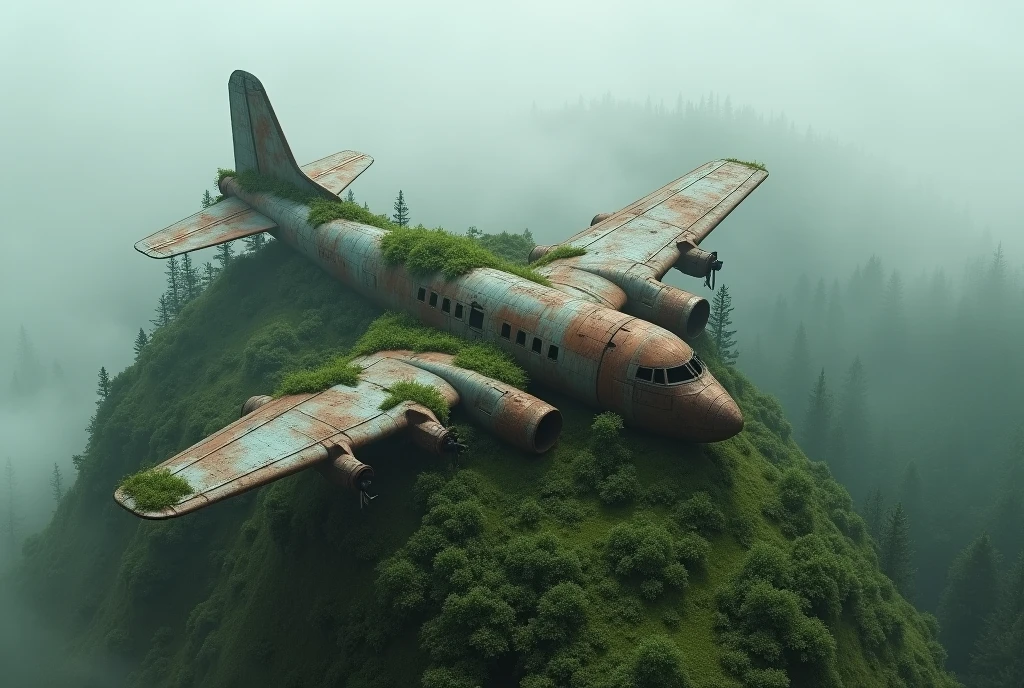 Aerial view of a rusty plane covered with vegetation on a green, wooded hill, surrounded by fog