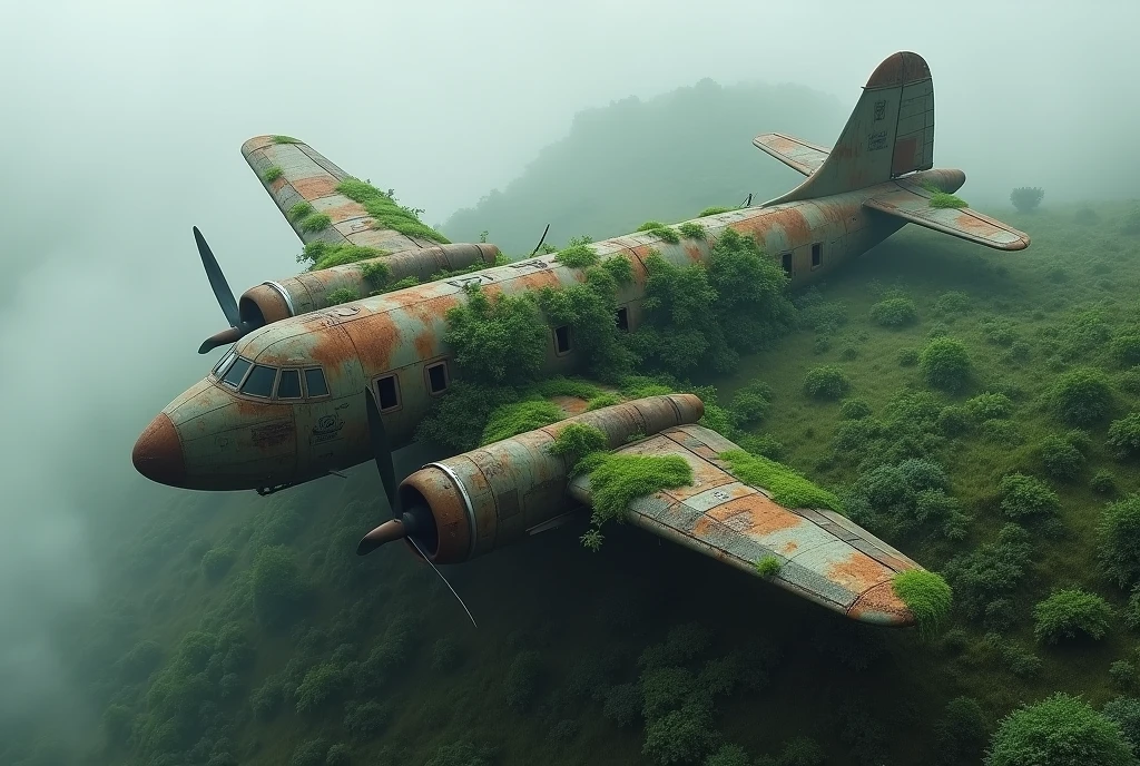 Aerial view of a rusty plane covered with vegetation on a green, wooded hill, surrounded by fog