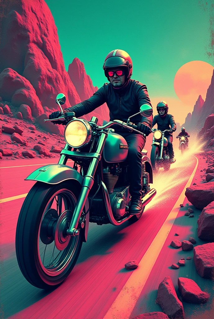 "A retro t-shirt design featuring 60s shopper motorbikes driving through a futuristic landscape. The design uses neon colors like pink, Green and teal, with a grid background and a worn texture."