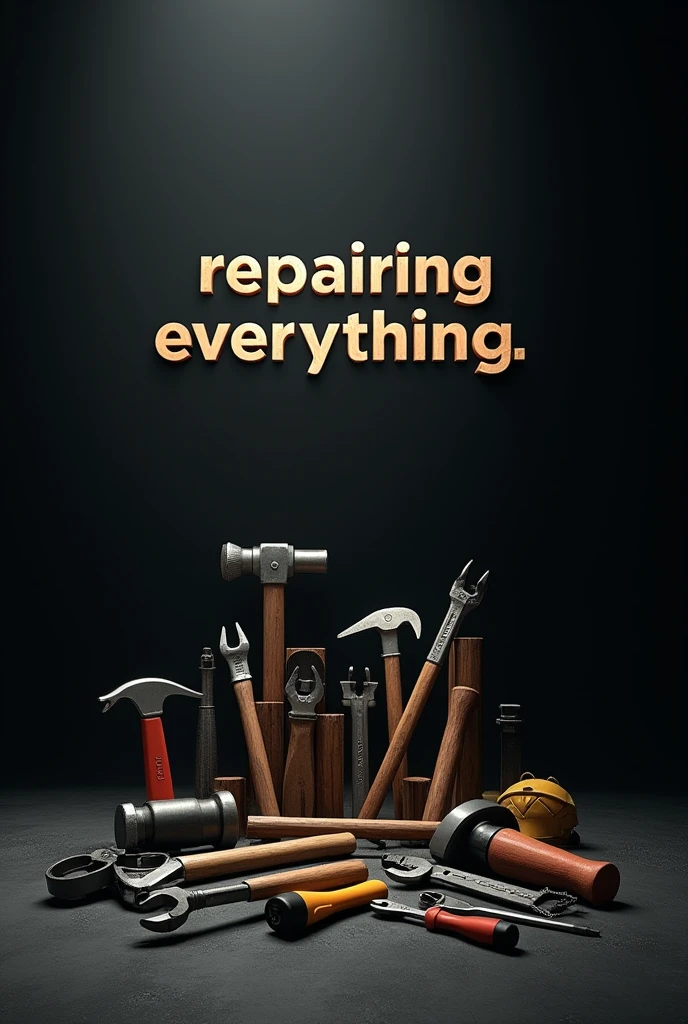 Black background,with some construction tools in the middle and a text repairing everything