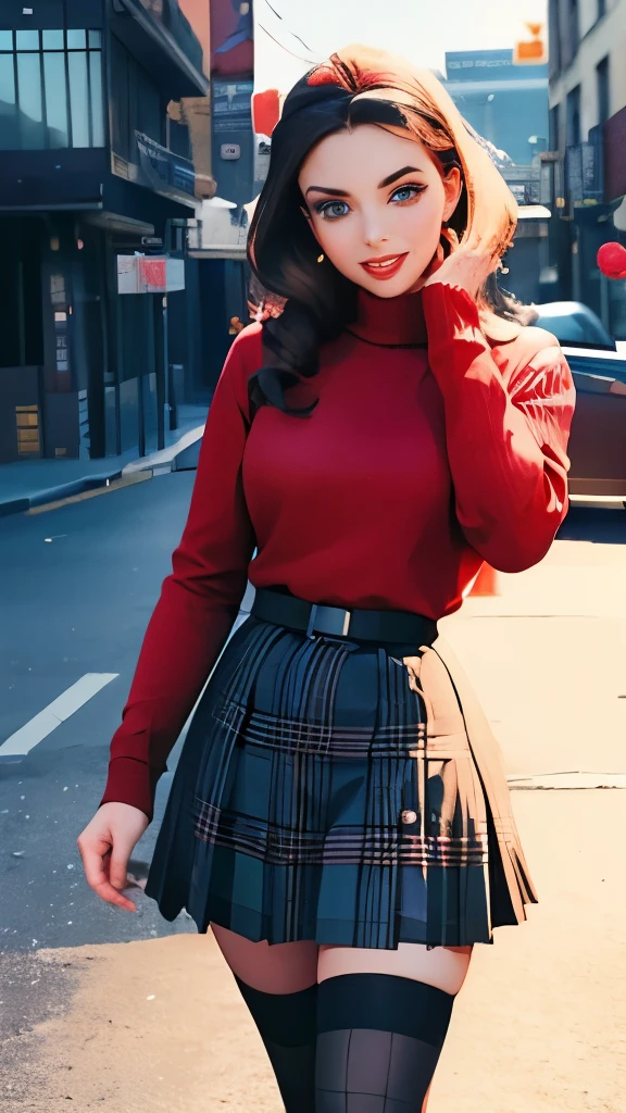 a woman in a plaid skirt and sweater standing on a sidewalk, plaid skirt, young beautiful amouranth, better known as amouranth, fishnets and a long tartan skirt, adorable outfit, amouranth, 5 0 s style, 50s style, plaid tights, 1950s vibes, thighhighs and skirt, with a red skirt