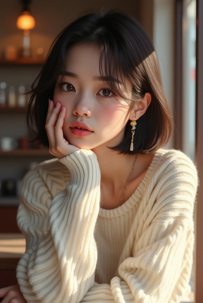 a captivating portrait of a young woman sitting at a table, exuding a sense of quiet contemplation. She has a sleek, bobbed hairstyle that frames her face, with soft waves adding a touch of elegance. Her large, expressive eyes draw the viewer in, reflecting a mix of curiosity and introspection. Dressed in an oversized, cozy white sweater, she rests her chin on her hand, conveying a relaxed yet thoughtful demeanor. The background is softly blurred, hinting at a warm, inviting café atmosphere, with gentle light illuminating her features and creating a soft glow. The color palette is warm and muted, emphasizing the serene and intimate mood of the scene, while delicate details, such as her earrings, add a touch of sophistication. This composition captures a moment of stillness and beauty, inviting the viewer to share in her reflective moment.
