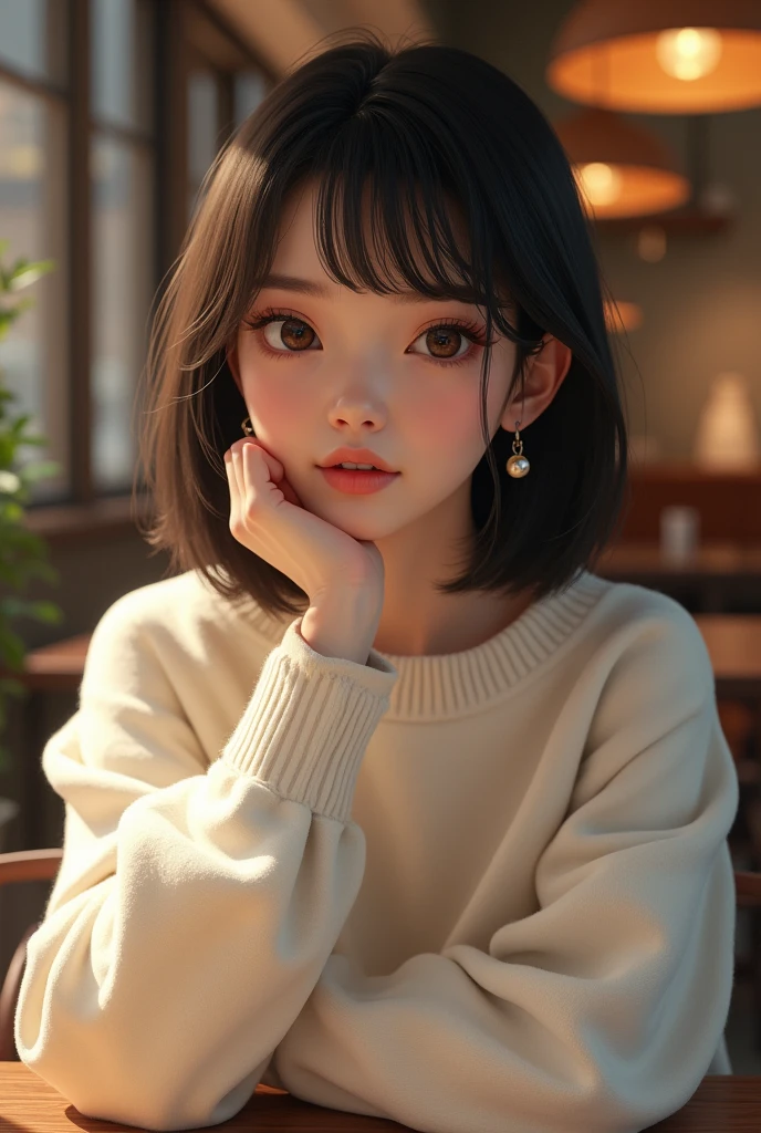a captivating portrait of a young woman sitting at a table, exuding a sense of quiet contemplation. She has a sleek, bobbed hairstyle that frames her face, with soft waves adding a touch of elegance. Her large, expressive eyes draw the viewer in, reflecting a mix of curiosity and introspection. Dressed in an oversized, cozy white sweater, she rests her chin on her hand, conveying a relaxed yet thoughtful demeanor. The background is softly blurred, hinting at a warm, inviting café atmosphere, with gentle light illuminating her features and creating a soft glow. The color palette is warm and muted, emphasizing the serene and intimate mood of the scene, while delicate details, such as her earrings, add a touch of sophistication. This composition captures a moment of stillness and beauty, inviting the viewer to share in her reflective moment.