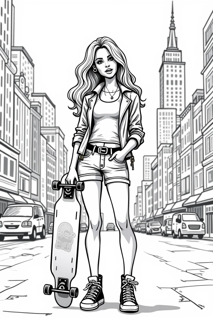A black and white cartoon drawing of a woman holding a skateboard by her side. She has long wavy hair, is wearing a tank top and a long-sleeved leather jacket over it, is wearing short jeans, and is wearing cool sneakers. She is American. The place is New York City.