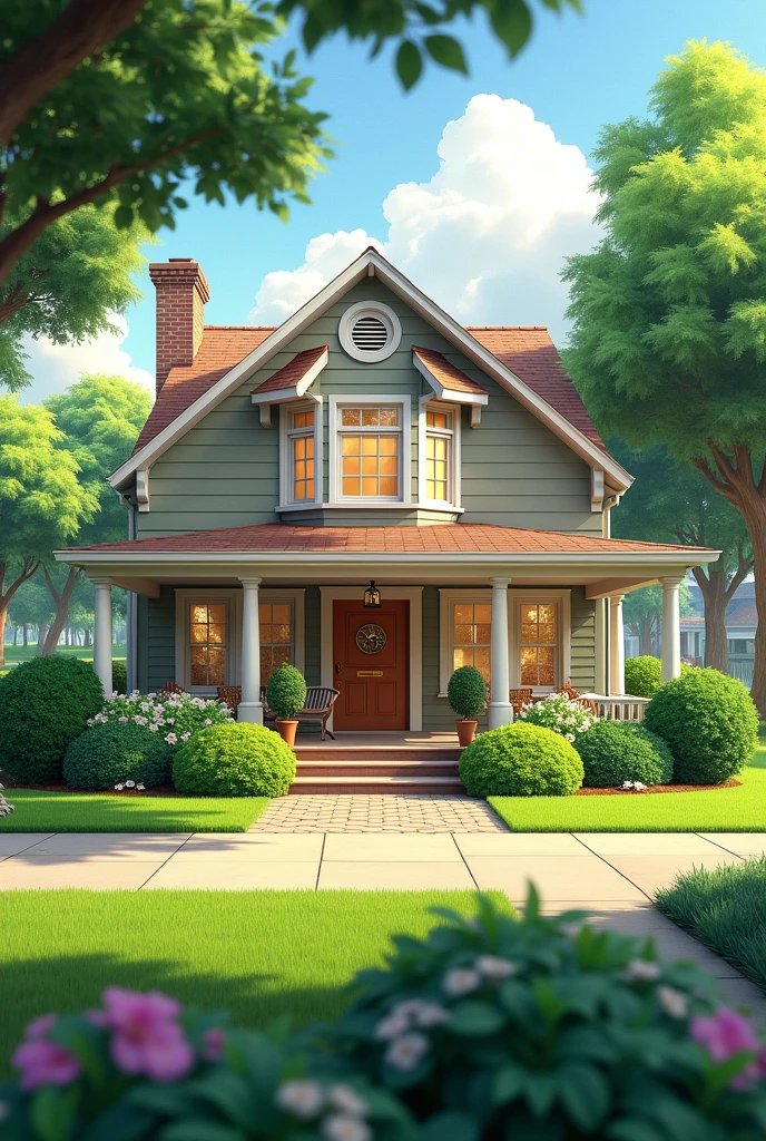 create an image of a house with a front lawn and trimmed bushes
