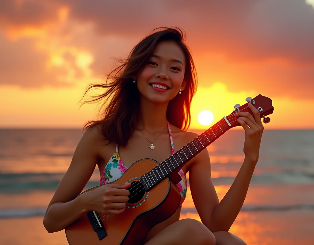 (photorealism:1.2), Create an image of a confident, 20 year old filipina slightly fat with hourglass body shape woman, with fair skin, long and thick hair, a small heart shaped face with reduced cheekbones and round chin, and have a very pointy, smaller nose, sitting on a sandy beach, playing a ukulele with one hand while the other hand is raised, as if she is gently cradling the setting sun. Her stunning face is shown in a close-up with a joyful, flirtatious expression, her delicate features framed by windswept hair. She is wearing a sleek, daring, slutty, vibrant bikini that complements her body. The background features the warm hues of the setting sun reflecting off the calm ocean waves, capturing the vibrant energy and beauty of a beach sunset.