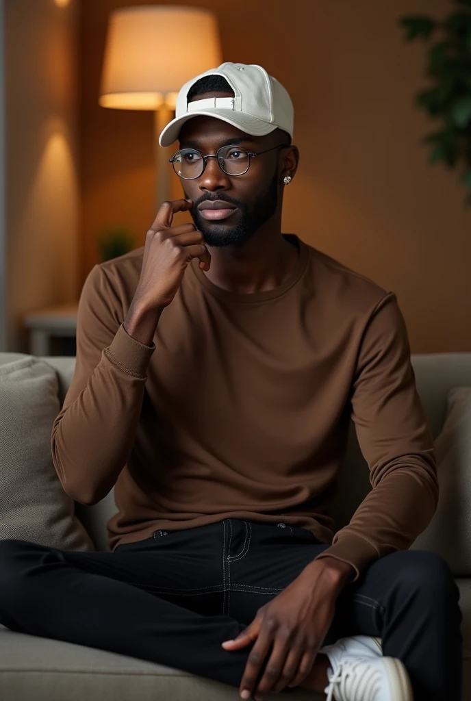 best qualityer:1.4), (ultra high resolution:1.2), (photorrealistic:1.4), (8k, CRU photo:1.2), a thin young man of 20 years old, skin black, with a smooth, beardless face, corte de cabelo buzzcut. thin build. He is wearing a white long-sleeved, high-neck shirt.. He is wearing black jeans. He is wearing glasses. He is sitting on the couch with a seductive look. Corte de cabelo buzzcut.