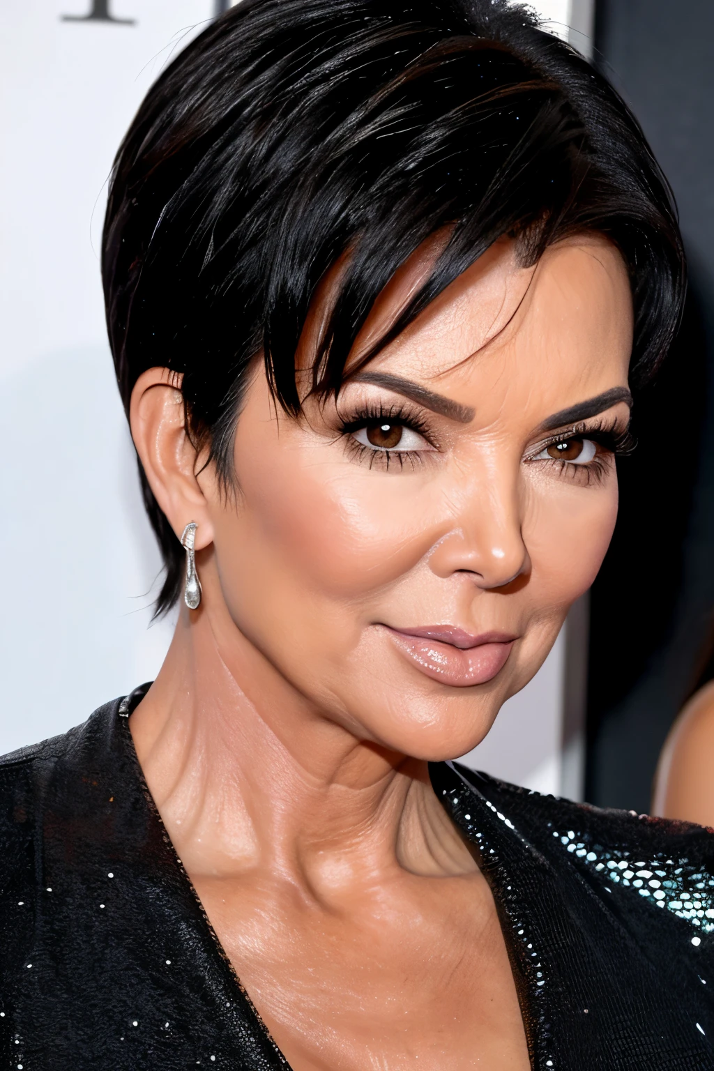 Closeup photo of Kris Jenner wearing shiny lip gloss