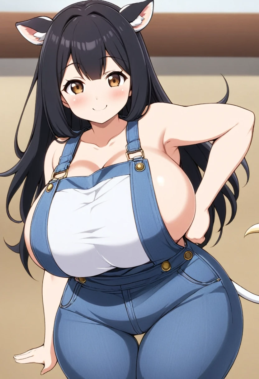 Plump, big breasts, black hair, brown eyes, chubby, smile, (cow girl Kemonomimi: 1.5), blue jeans overalls, longer hair, anime