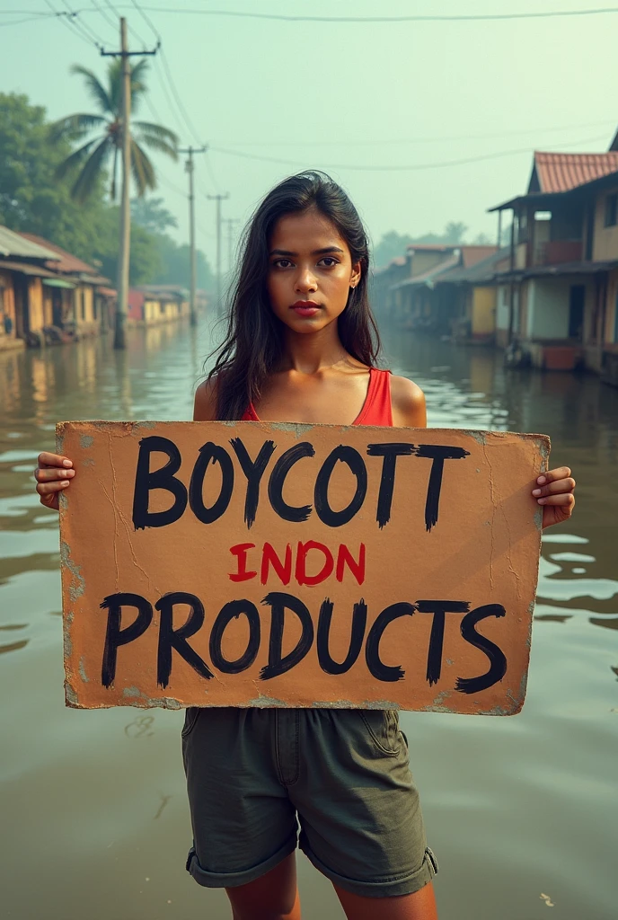 Give me an image which written Boycott Indian Products banner  with girl.
Reason Bangladesh flood.