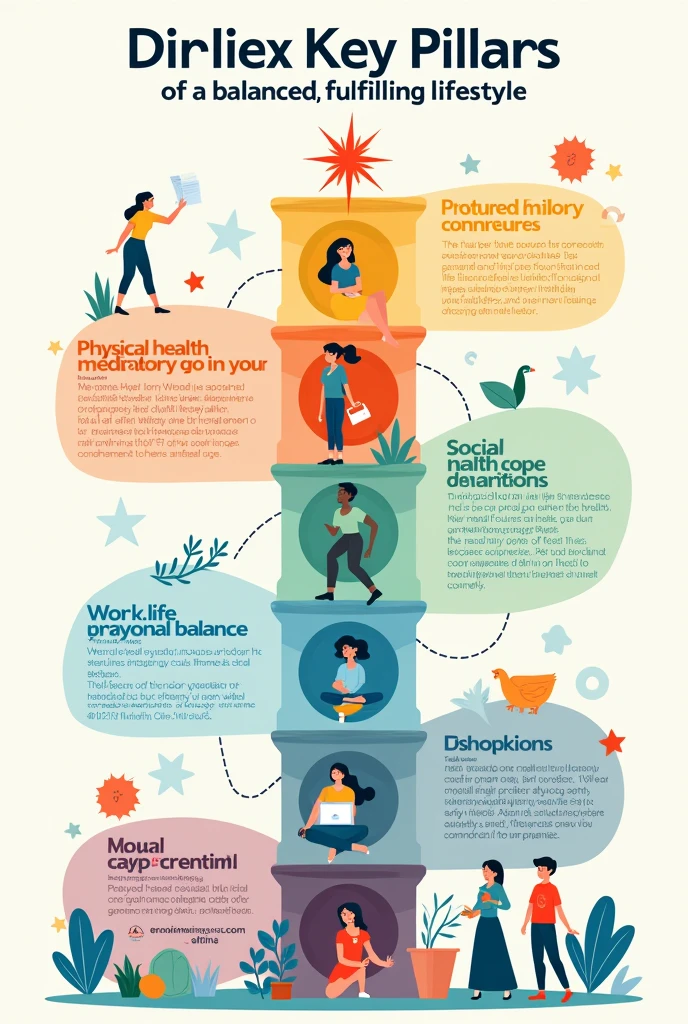 infographic-type poster (5 parts)
1. Physical Health
2. Mental Health
3. Social Connections
4. Work-Life Balance
5. Personal Growth
then explain the importance of this, english text only