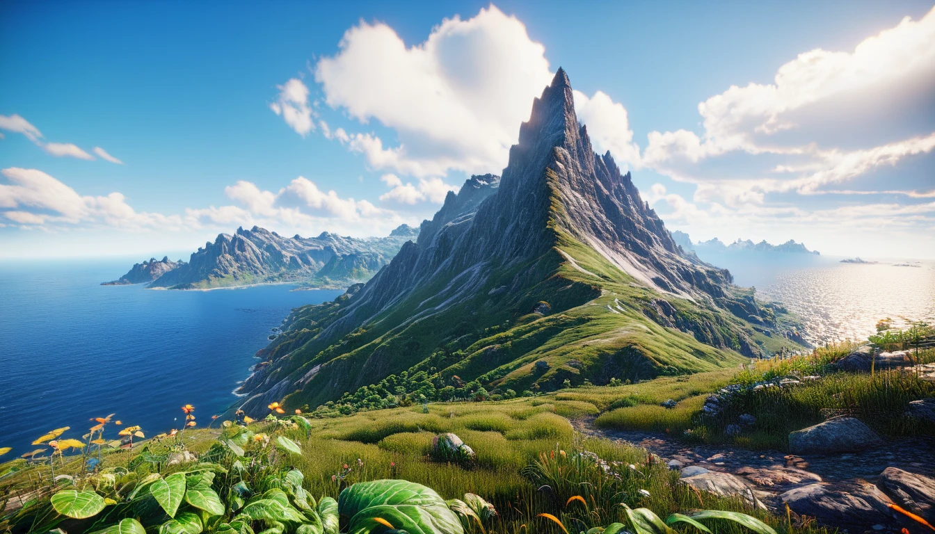 There is a highest mountain on the West Sea, covered with green plants(best quality,4K,8k,High level,masterpiece:1.2),Ultra Detailed,(lifelike,Photo real,Photo real:1.37),Realistic lighting,虚幻引擎4K壁纸,Summer Unreal Engine 5, Beautiful landscape rendering, Mountains and Oceans, Rendered in 8k Unreal Engine,,The most beautiful scenery,Epic shock