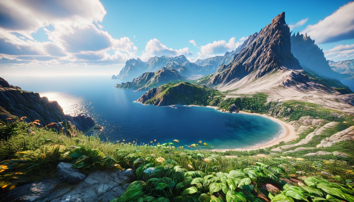 There is a highest mountain on the West Sea, covered with green plants(best quality,4K,8k,High level,masterpiece:1.2),Ultra Detailed,(lifelike,Photo real,Photo real:1.37),Realistic lighting,虚幻引擎4K壁纸,Summer Unreal Engine 5, Beautiful landscape rendering, Mountains and Oceans, Rendered in 8k Unreal Engine,,The most beautiful scenery,Epic shock