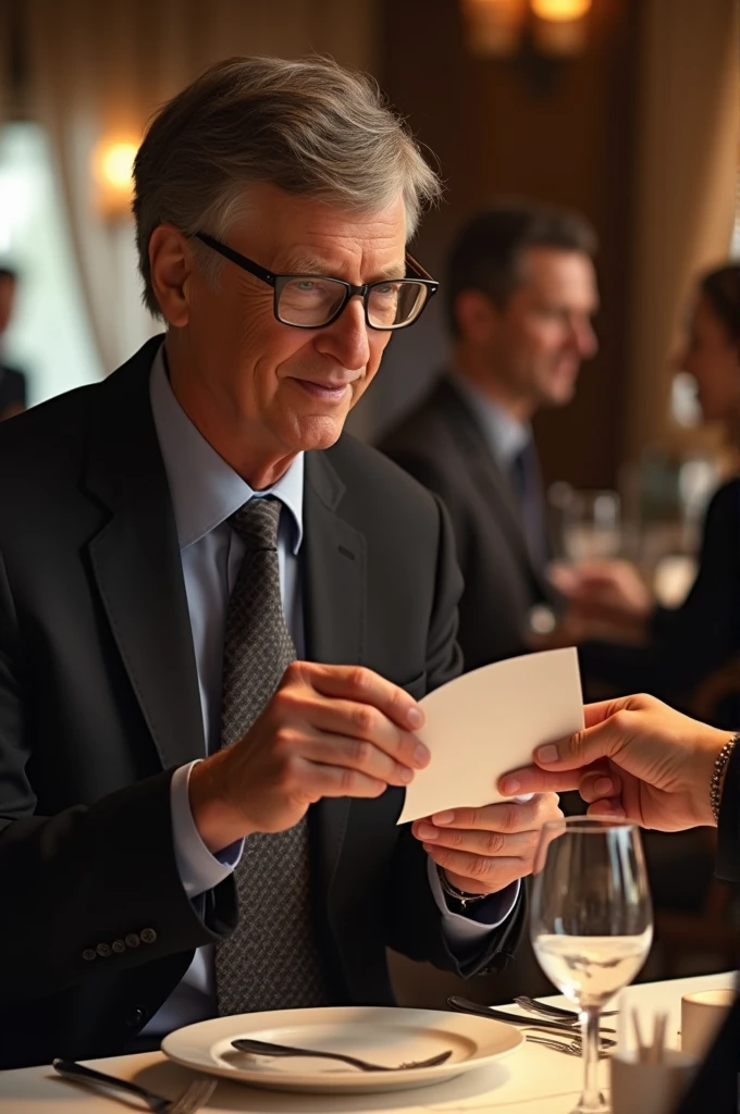 Bill Gates gave 5 dollars to the restaurant waiter