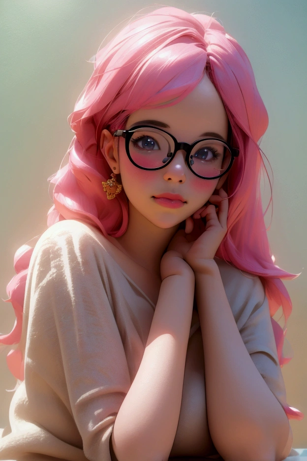 a girl with pink hair, glasses, and a collage-style background, finding sweet notes from a secret admirer, (best quality,4k,8k,highres,masterpiece:1.2),ultra-detailed,(realistic,photorealistic,photo-realistic:1.37),intricate details,fantasy,whimsical,dreamy,soft colors,warm lighting,elegant,charming,adorable
