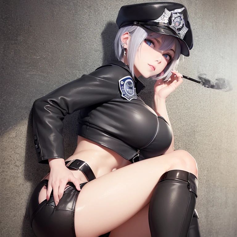 (Cool female police officer.Well-proportioned face.Beautiful white skin.expensive.Very muscular, Slim body.well defined, Beautiful Abs.sharp, Big eyes.Gray Hair.Boyish short hair with a center part.I can see your forehead.Beautiful Blue Eyes.Deep Red, Heavy eye makeup.Dark lipstick.Tight waist.Very large breasts.Very large breastsの谷間.Beautiful pale pink areola.The skin is firmer and more radiant).(Upper body naked.Black leather jacket.Protruding nipples.G-string.Black long boots.there are a lot of earrings.stockings.garter belt.Uniform Cap).(1 Beauty.Late Night.Future City.Backstreets.Putting your back against the wall.smoking.Smoke a cigarette.Smile faintly.eyes are narrowed)Perfect Face.Accurate human body.Accurate 5 fingers.High resolution.that&#39;dynamic.Full body image