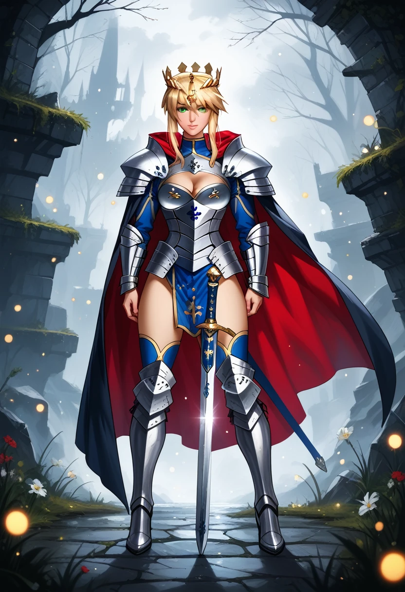 score_9, score_8_up, score_7_up, score_6_up, BREAK 1girl, (Artoria Pendragon, armor, cape, boots:1.5), sexy woman, cleavage, BREAK (large sword, resting on sword:1.2), (standing:1.3), BREAK (dimly lit spooky mansion:1.1), (midnight:1.2), shallow depth of field, BREAK highly detailed, bokeh, moody, epic, gorgeous, grainy, BREAK (ultra-detailed), (best illustration), (best shadow), (absurdres), (detailed background), (very aesthetic).