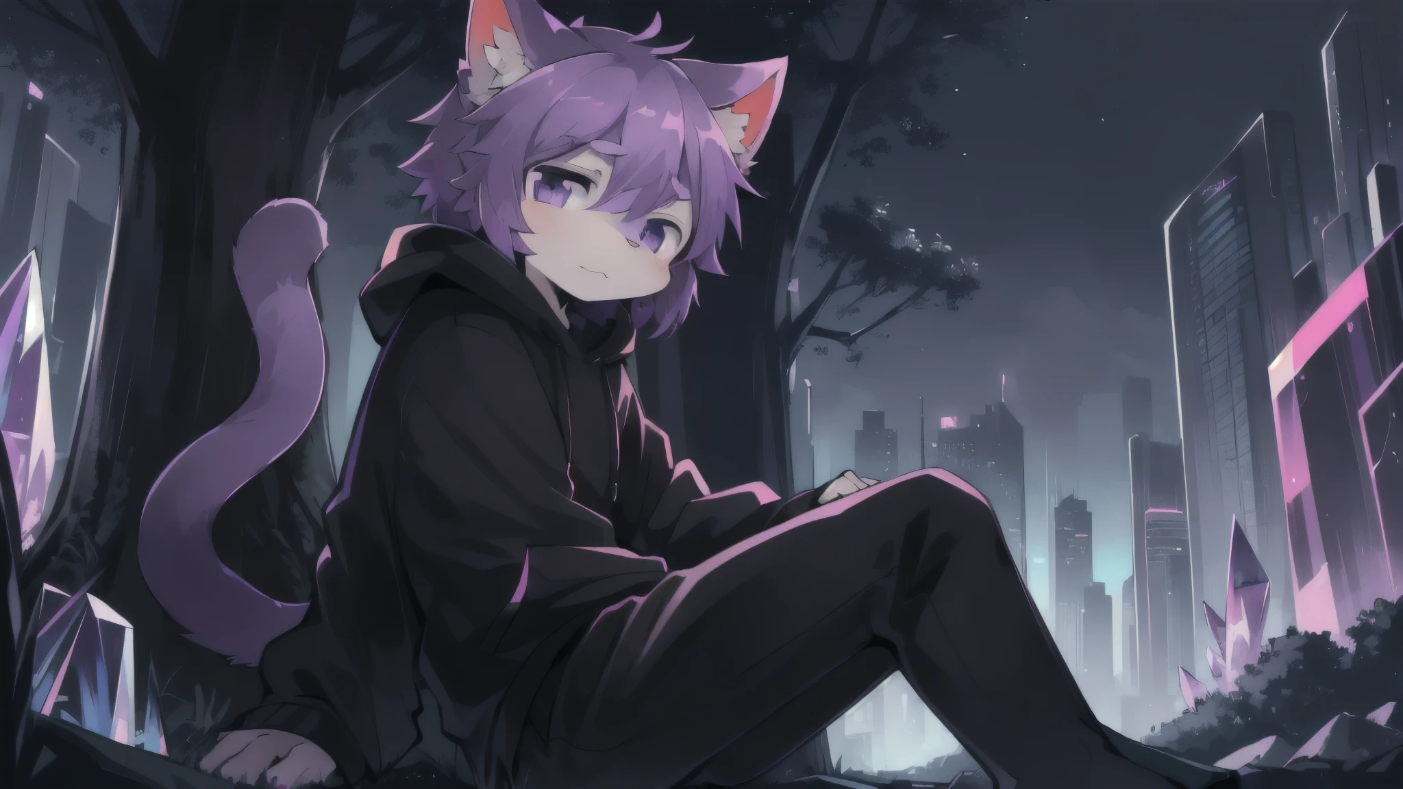 Masterpiece, detailed eyes, (shaded), (detailed lighting), (cinematic lighting), high resolution, high details, best quality), high definition, ((Kemono, solo, cat, male, shota, purple hair, purple eyes, crystal eyes, wear black hoodie, wear black boxer, tail)), cyberpunk style, cyberpunk, (no smiling, don't look at viewers, look forward, look at somewhere else, sitting on hills, leaning against a tree), river background, river, night time, sci-fi, futuristic, low view of fov