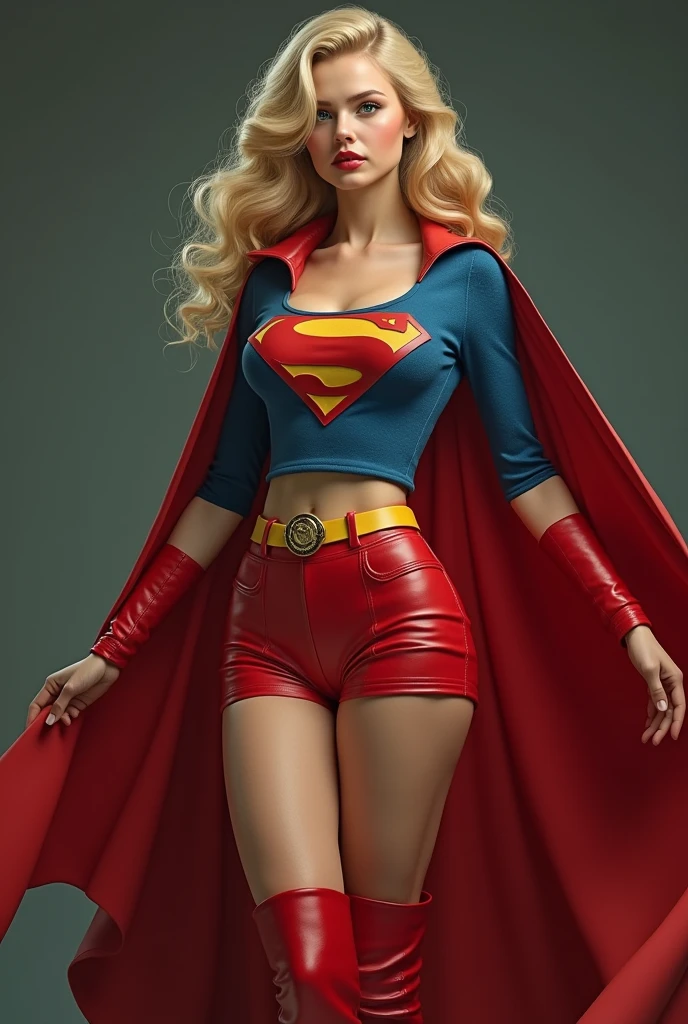 A SEXY BUSTY BLONDE TEEN FEMALE WITH BLUE EYES WEARING A 1970 SPLIT OPEN V BUTTONLESS FULL LENGTH BLUE V BLOUSE WITH A "S" EMBLEM ON THE RIGHT SIDE OF HER CHEST, A PAIR OF RED LEATHER SHORTS WITH A YELLOW SUPERMAN BELT, TALL RED HEELED BOOTS, AND A LONG FLOWING RED CAPE. PHOTO REALISTIC, HYPER DETAILED AND TEXTURED.