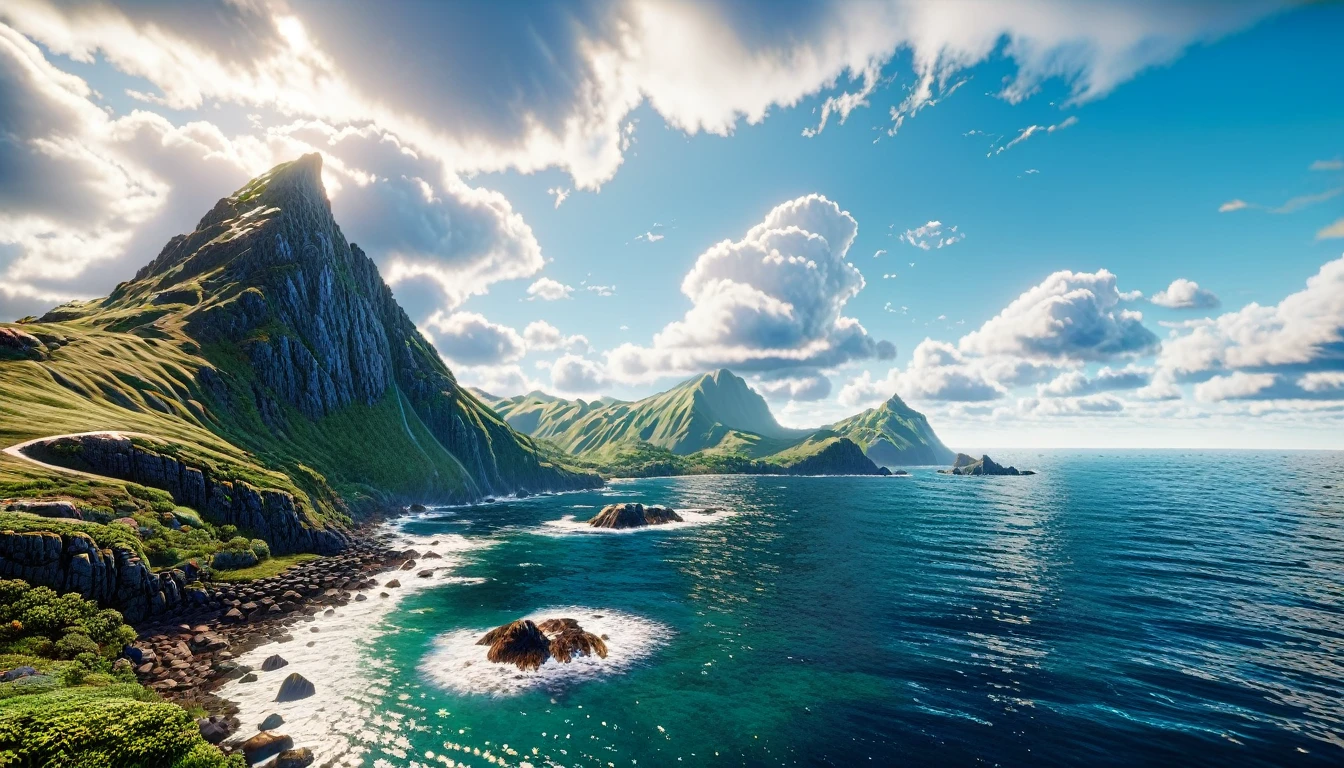 a lush green mountain peak overlooking the western ocean, realistic summer landscape, 8k unreal engine rendering, epic cinematic lighting, dramatic cloudy sky, crystal clear water, rocky coastline, tiny figures in the distance, highly detailed, photorealistic, masterpiece