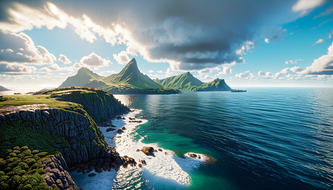 a lush green mountain peak overlooking the western ocean, realistic summer landscape, 8k unreal engine rendering, epic cinematic lighting, dramatic cloudy sky, crystal clear water, rocky coastline, tiny figures in the distance, highly detailed, photorealistic, masterpiece