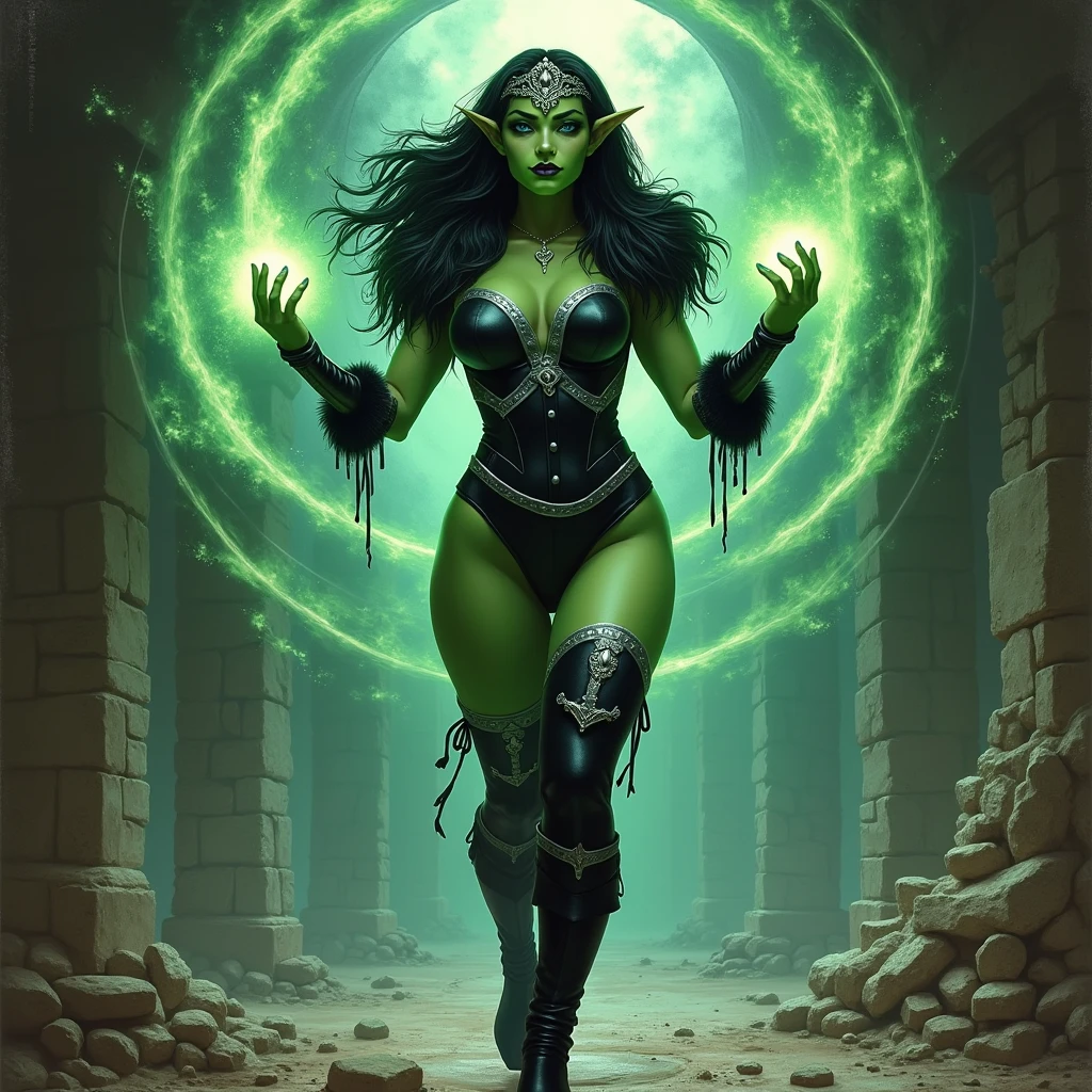 roshni swathi, score_8_up, score_7_up, cowboy shot of beautiful goblin girl, ((green skin)), red eyes, long black hair, (dressed in very hot blue and gold sorceress clothes), wearing black wizard gloves and wizard long boots, particles, dark dungeon, particles, night, fog fantasy, full body art