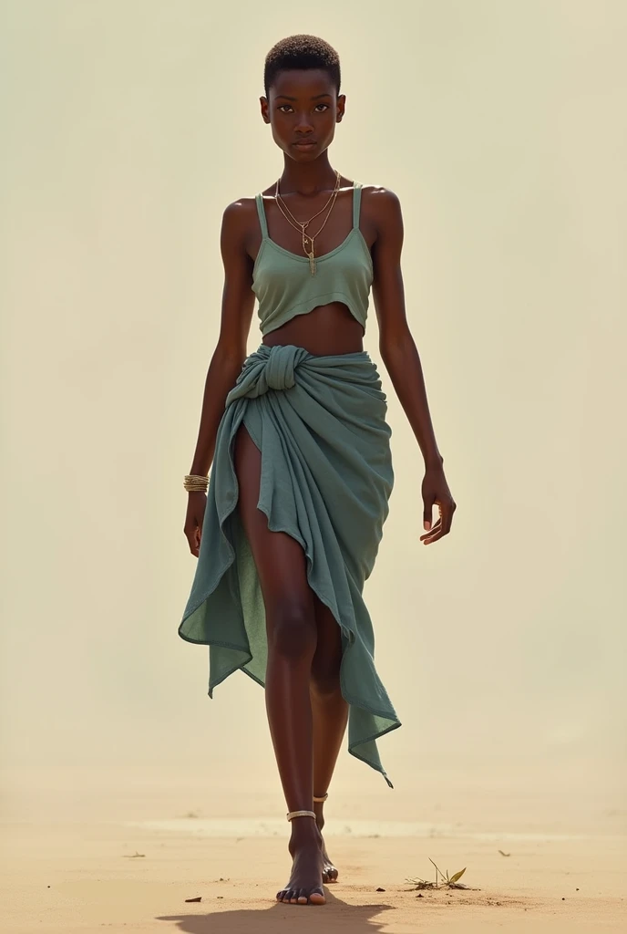 femme africaine ,les cheveux court le regard vers nous ,marche pied nu