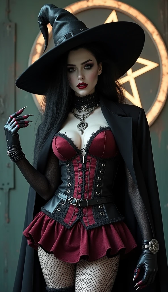 Beautiful 20 year old woman, large tits, with short messy wavy pink hair, wearing a red corset with black accents and black cloak, standing in a foggy cemetery at night, (red lipstick:1.5), realistic skin texture, (cross necklace:1.2), (looking at camera:1.3), (Gadgetpunk and Gothic Art:1.4), photo realistic, 8k