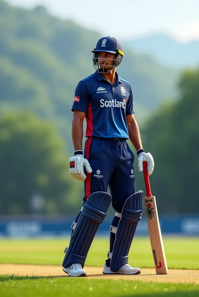A cricket player wearing Scotland t20 jearsy of 2024 standing in cricket ground with bat