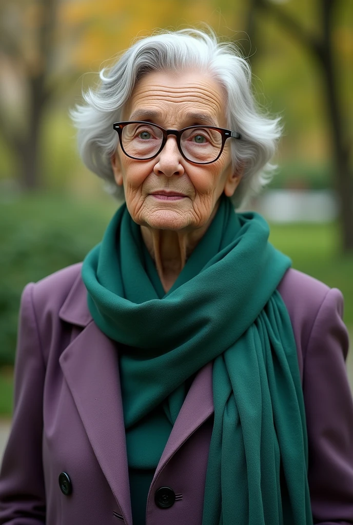 masterpiece, best quality, an old woman with glasses and a scarf on, wearing a purple coat and green scarf, standing at the park