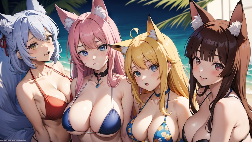 masterpiece　high quality, Best Anime , Anime Style 4K, Anime Art Wallpapers 8K, かわいいAnime portrait, Anime portrait, anime art wallpaper 4k　Three Women　tail,animal_ear, Swimwear,bikini,　Small breasts　Big Breasts　Boobs Fox_ear　tail　Obscene pose　Viewer&#39;s perspective　Legs apart　transformation　Expose　sexual expression　はだけたSwimwear　Emphasize the chest　Obscene face　Blushing　Sexy dynamic pose　Outdoor