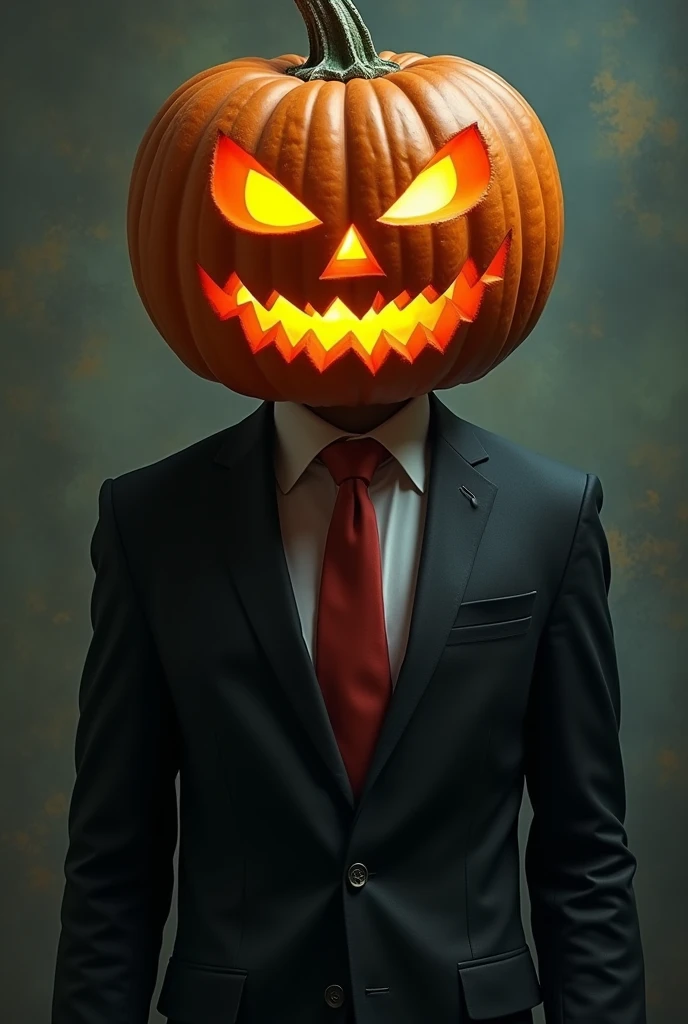 Create a man in a black suit with a red tie, and in place of the head put a halloween pumpkin, that inside the pumpkin is glowing yellow