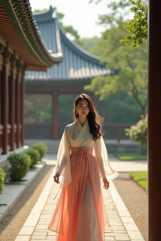 A beautiful woman walking through Gyeongbokgung Palace in Seoul