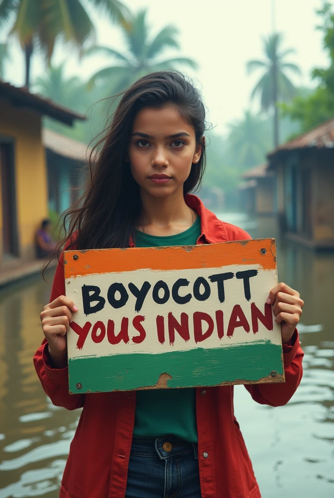 Give me an image which written Boycott Indian Products banner with girl.
Reason Bangladesh flood.