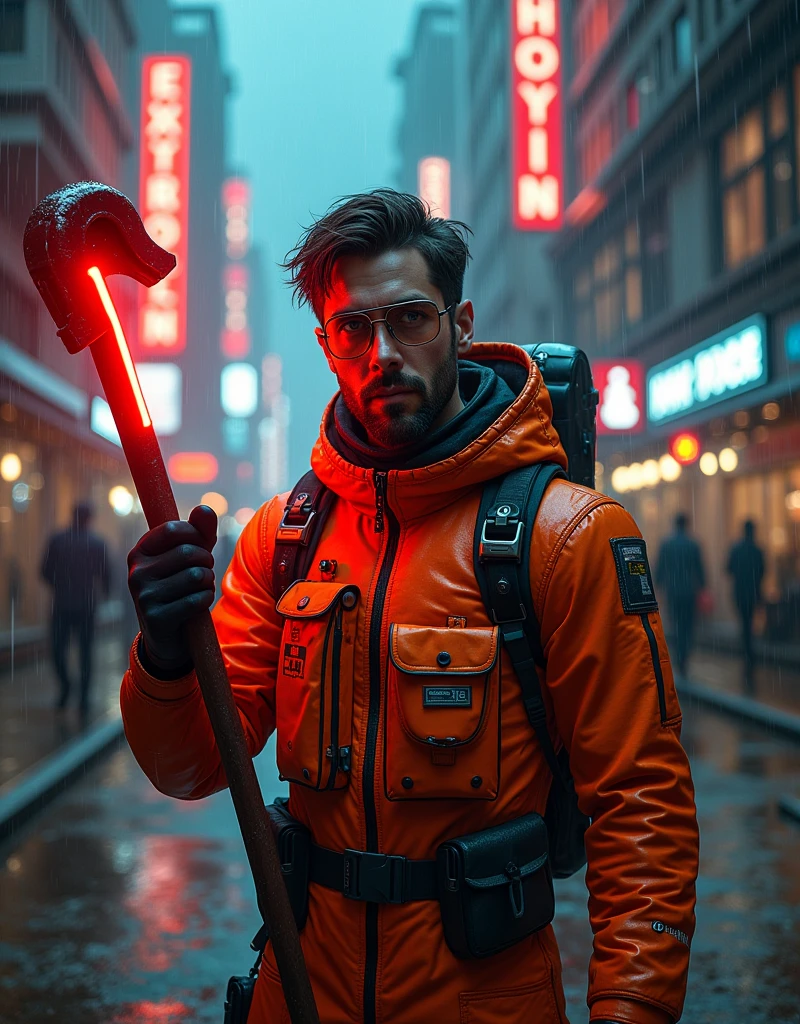 Neon noir  a man with glasses in a orange and black space suit, holds a red (((crowbar))), dystopian background . Cyberpunk, dark, rainy streets, neon signs, high contrast, low light, vibrant, highly detailed