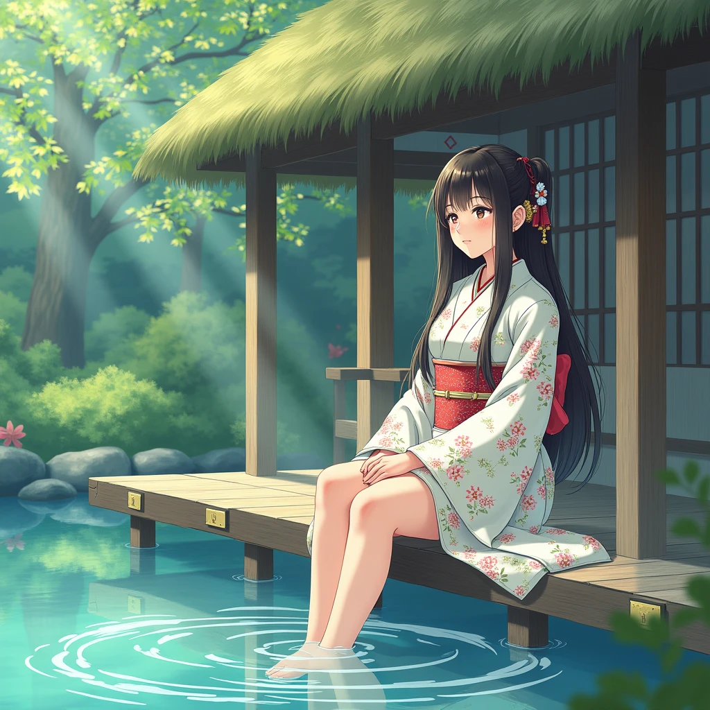 a serene scene depicting a young woman sitting by a tranquil pond, her feet gently dipping into the crystal-clear water. She wears a traditional kimono adorned with floral patterns, evoking a sense of cultural elegance. The setting features a rustic wooden structure with a thatched roof, surrounded by lush greenery and soft sunlight filtering through the leaves, creating a warm and inviting atmosphere. The color palette is vibrant yet soothing, with shades of green, blue, and soft pastels, enhancing the peaceful ambiance. The woman's expression is contemplative, adding a touch of introspection to the idyllic setting. The composition captures the harmony between nature and traditional architecture, inviting viewers to experience a moment of calm and reflection.