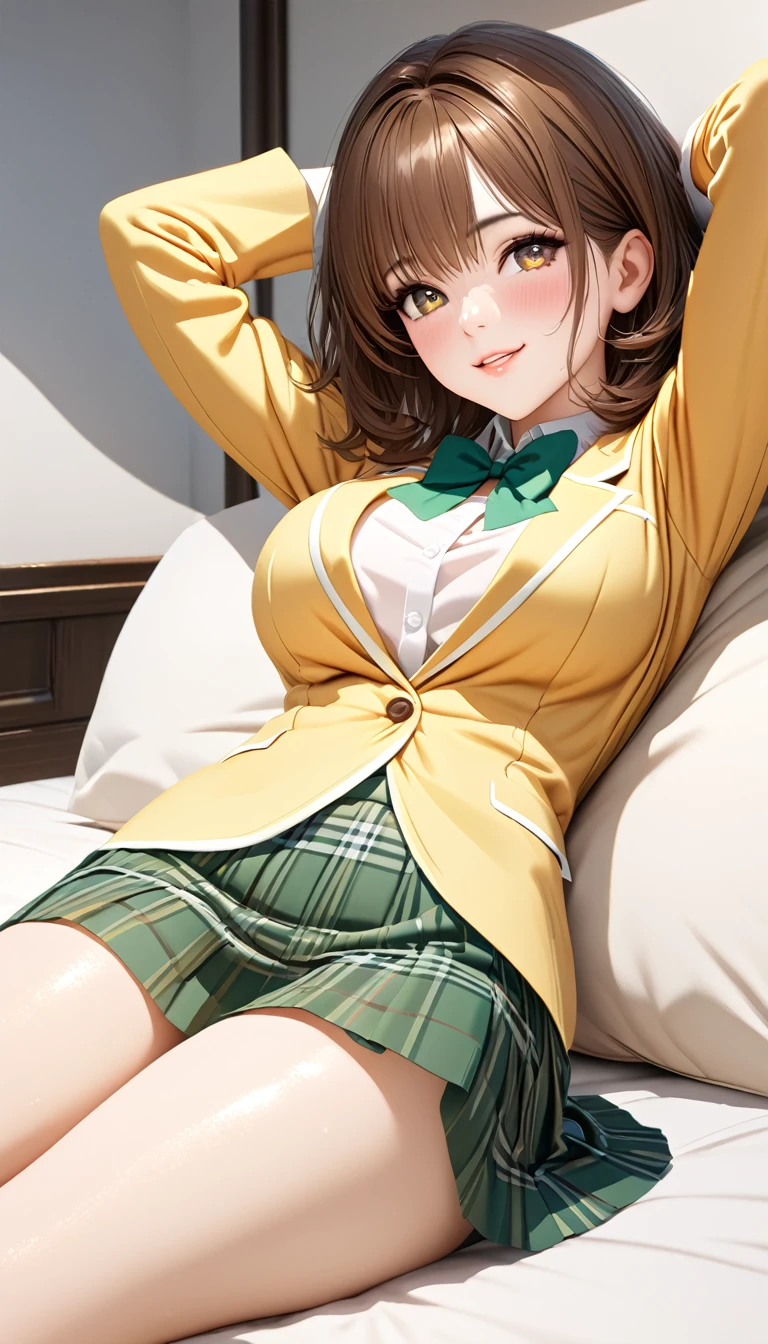 (masterpiece,ultra-detailed,best quality,8K,CG,realistic,illustration:1.2),(perfect-composition,detailed beautiful face,Clean skin,photographical skin,shiny skin,shiny hair, photographical hair,ultra detailed eyes,shaved,kawaii,uncensored:1.1),smile,medium hair, 1girl, solo, brown hair, brown eyes,large breast,winter school uniform, green bowtie, white shirt, yellow blazer, buttoned blazer,plaid skirt, green skirt,thigh socks,blushing,seductive face, glossy lips ,lying on bed ,arms up,indoor room