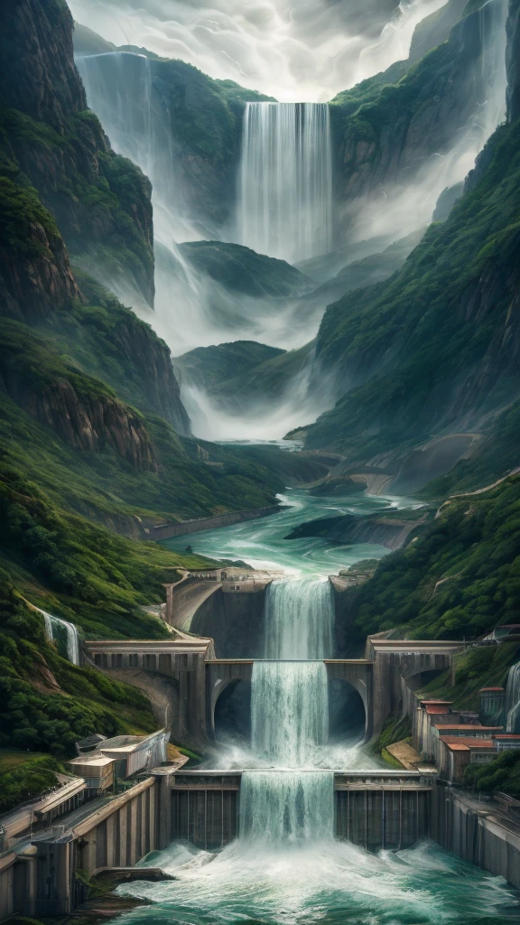 A massive hydroelectric dam, flowing river, open floodgates, dramatic cascading water, lush green nature surroundings, epic landscape, dramatic lighting, cinematic composition, photorealistic, 8k, hyper detailed, volumetric lighting, dynamic water simulation, intricate architectural details, dramatic atmospheric haze, vibrant colors, moody tones