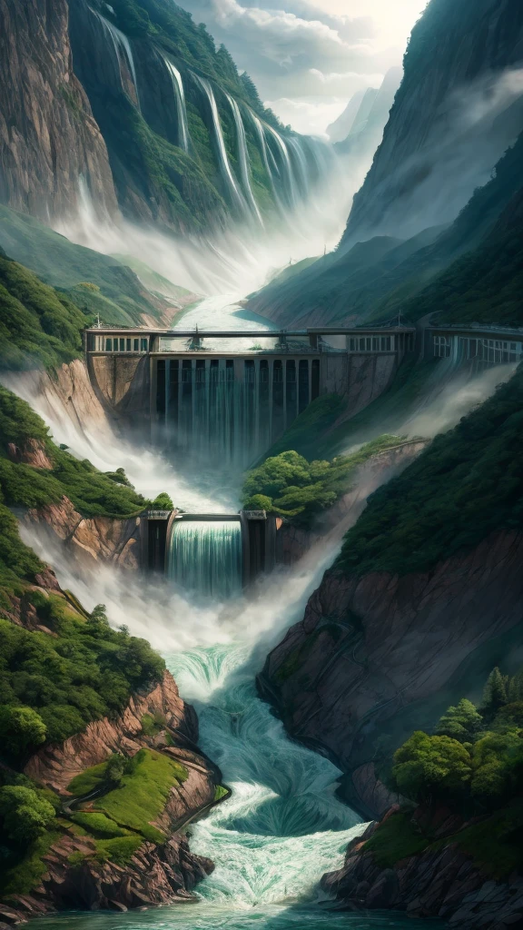 A massive hydroelectric dam, flowing river, open floodgates, dramatic cascading water, lush green nature surroundings, epic landscape, dramatic lighting, cinematic composition, photorealistic, 8k, hyper detailed, volumetric lighting, dynamic water simulation, intricate architectural details, dramatic atmospheric haze, vibrant colors, moody tones