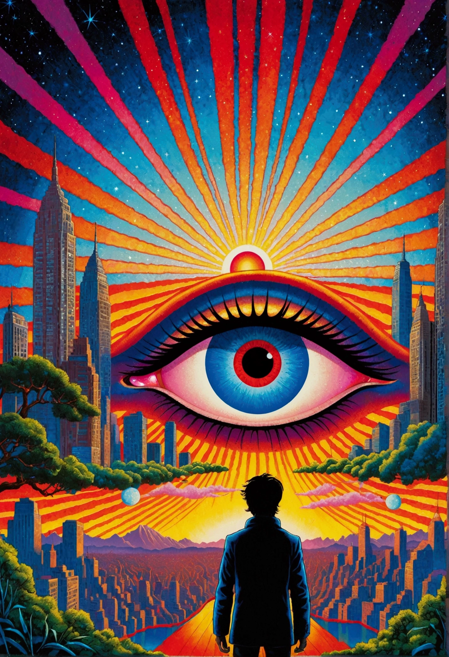 A man gazes at a city with a giant eye, Poster art inspired by Hiroshi Nagai, Winner of the Behance competition, Psychedelic Art, Dan Mumford and Alex Grey style, Chris Dale, Visionary Art Style, Fantasy painting, Psychedelic illustration, Cosmic Psychedelic Drug Poster Art, Psychedelic surrealist art, Psychedelic Art, What the eyes see, Juster Battle, All-Seeing Eye