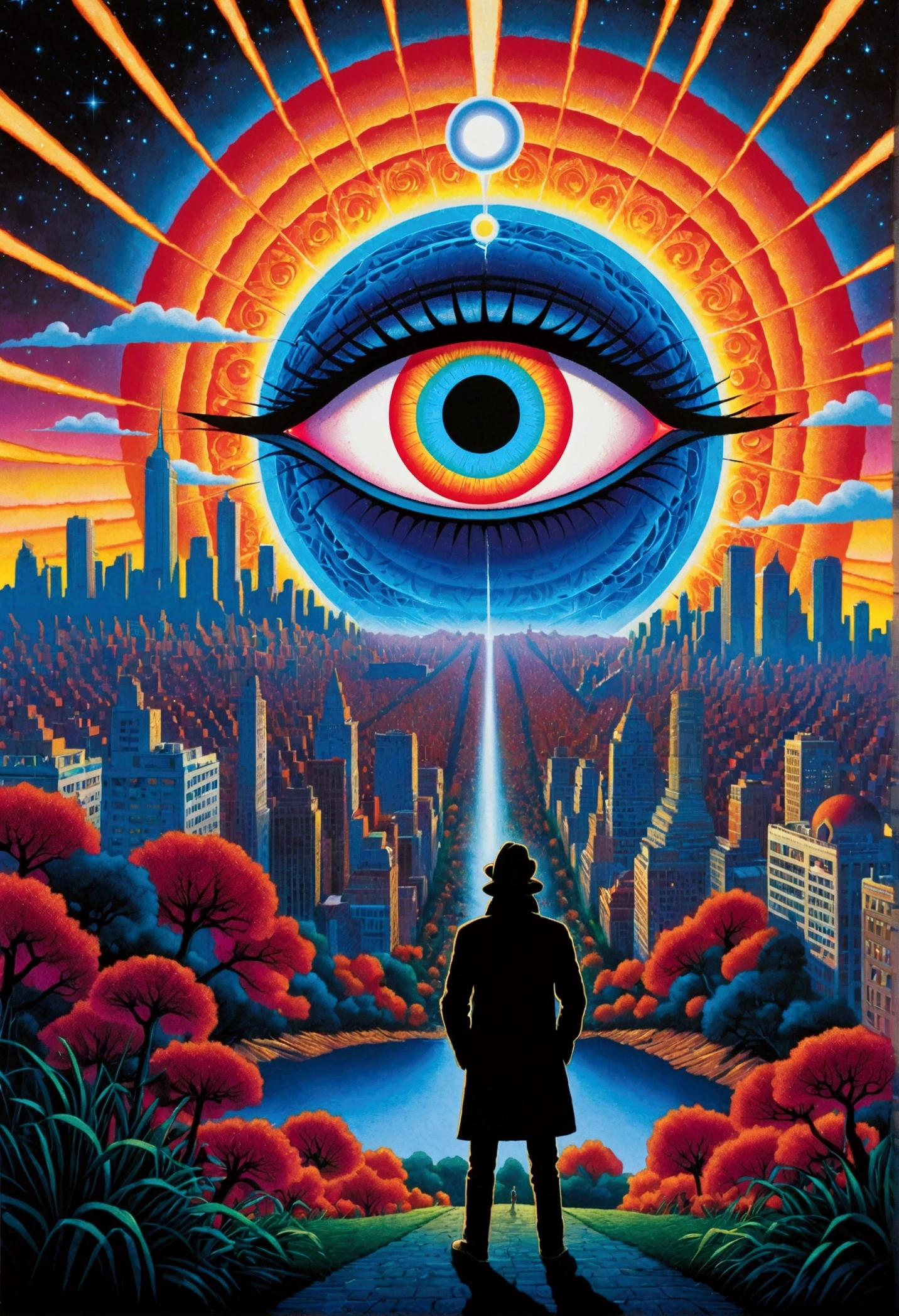 A man gazes at a city with a giant eye, Poster art inspired by Hiroshi Nagai, Winner of the Behance competition, Psychedelic Art, Dan Mumford and Alex Grey style, Chris Dale, Visionary Art Style, Fantasy painting, Psychedelic illustration, Cosmic Psychedelic Drug Poster Art, Psychedelic surrealist art, Psychedelic Art, What the eyes see, Juster Battle, All-Seeing Eye