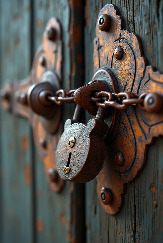 Close up shot of an old lock(更旧的锁 長長旧锁链 特寫 背景是中式更加破舊老舊 更加破舊 古代木門 Close up shot of an old lock 锁链特寫 (Two-piece wooden door)The wooden door has been through the frost and snow, and there is a rusty old lock and chain hanging on it.(Rusty old lock is a masterpiece of brass craftsmanship)On both sides of the wooden door, there are large hollow copper inlays connected with old locks and chains. The texture is as delicate as art painting. (unique style)Very detailed, fresh and elegant aesthetic style, airbrush digital oil painting, movie lighting, very beautiful, perfect composition, intricate details, Super detailed and exquisite high quality work from a master artist