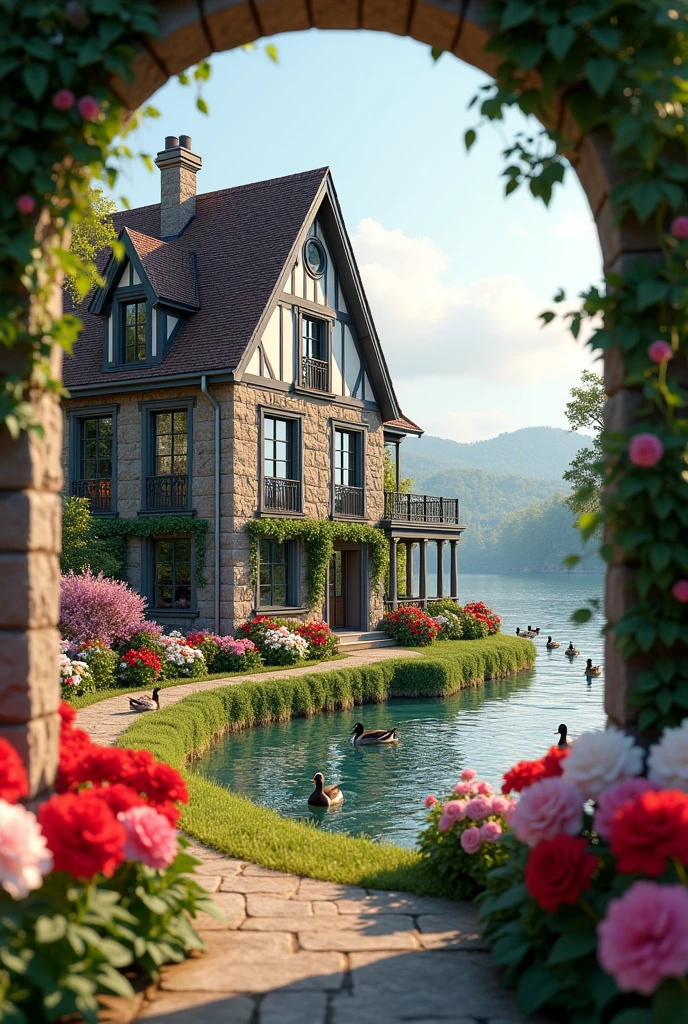 House with large windows with many geranium flowers and a lake with ducks in Europe 3D