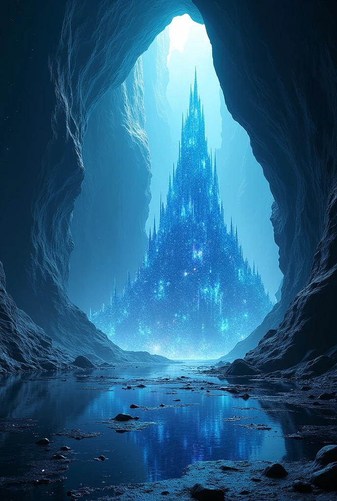 After a while the tunnel opened into a huge cave, which was so big, that they could not see the edge of the room. The floor was made of reflective black stone, which reflected the light of the crystals on the walls like stars. And in the middle of the cave rose a city – a huge, ancient city, made entirely of shimmering, bluish crystals. Do not depict people