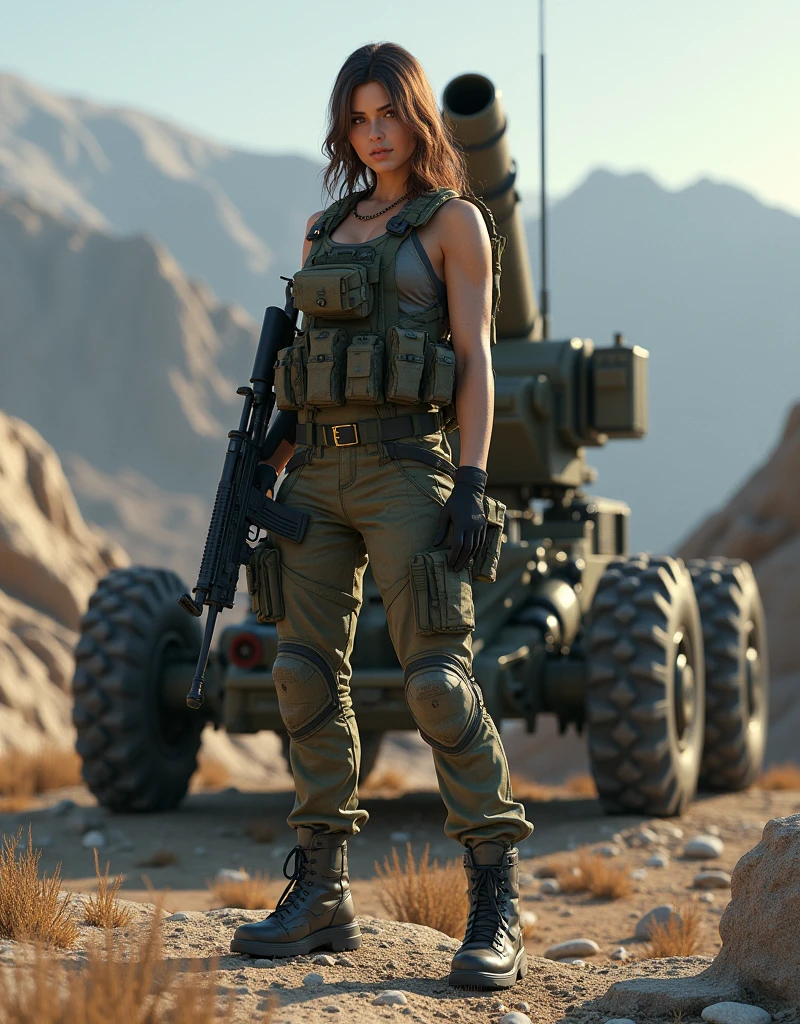 (Photorealism:1.2), beautiful woman, Armed female soldier standing next to mortar