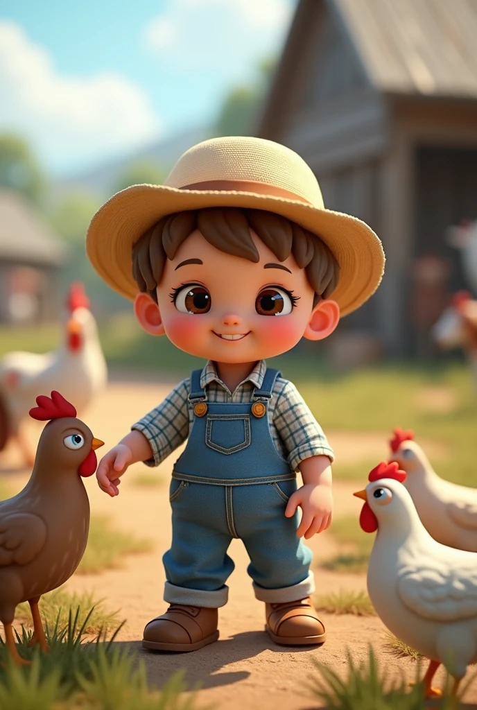 a baby ,Light brown bun hair, brown dark eyes, light country hat, working with birds , horses, chickens, cows, in the farm, blue and white plaid shirt denim dungarees 3d hd image
