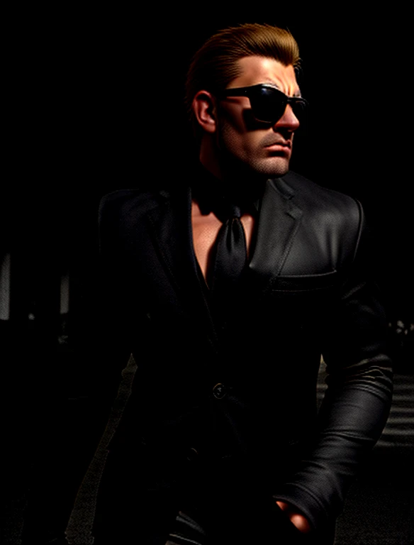 a photorealistic highly detailed muscular man with sunglasses,wearing a black suit,walking on the street,realistic lighting,cinematic composition,dramatic atmosphere,vivid colors,ultra-detailed