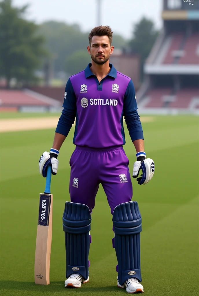 A cricket player wearing Scotland t20  purple jearsy of 2024 standing in cricket ground with bat