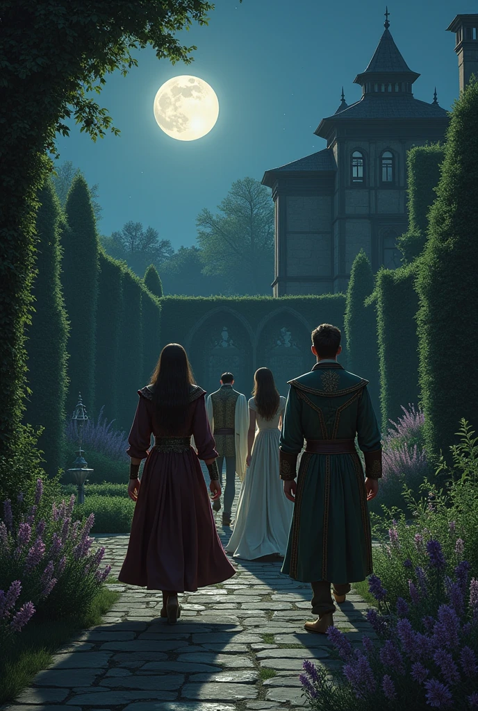 Two men approaching two women at night in a garden, medieval era