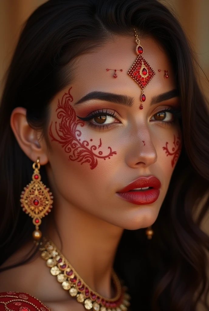 Red tattoos on face and little red diamond jewelry tanned skin arab hairs style Arabian figure eternal lady face lips bite tease hyperealism photorealistic 7k best background wallpaper makeup model style hairs Arabian makeup siren eyes arab bad tattoos of face tattoo queen
